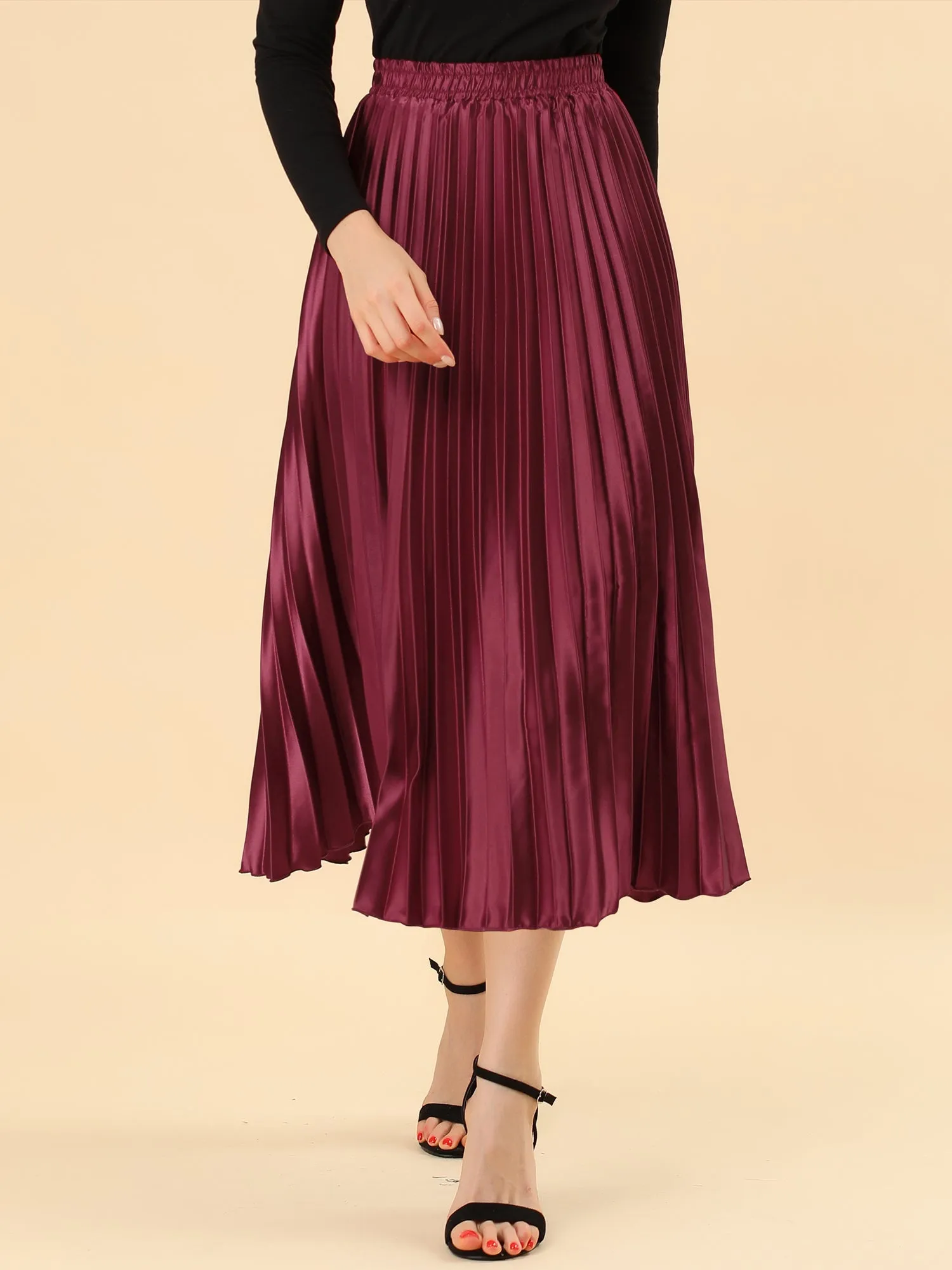 Elastic Waist Metallic Shiny Accordion Pleated Midi Skirt