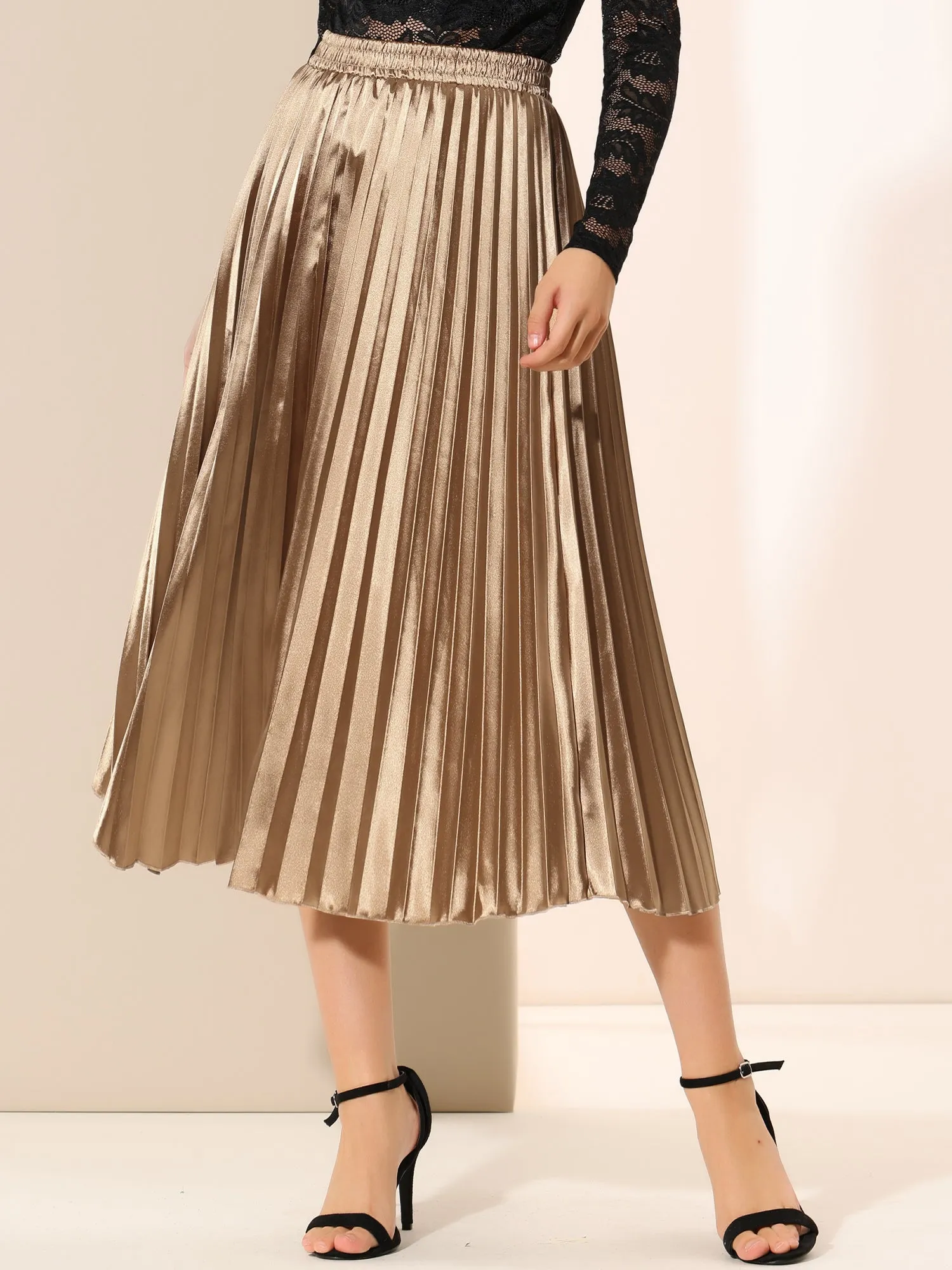 Elastic Waist Metallic Shiny Accordion Pleated Midi Skirt