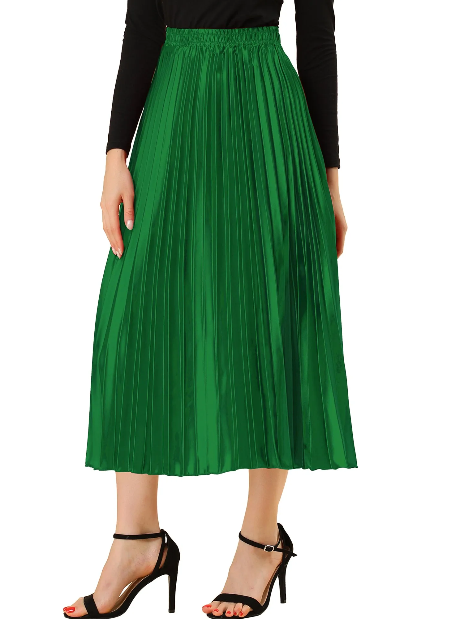 Elastic Waist Metallic Shiny Accordion Pleated Midi Skirt