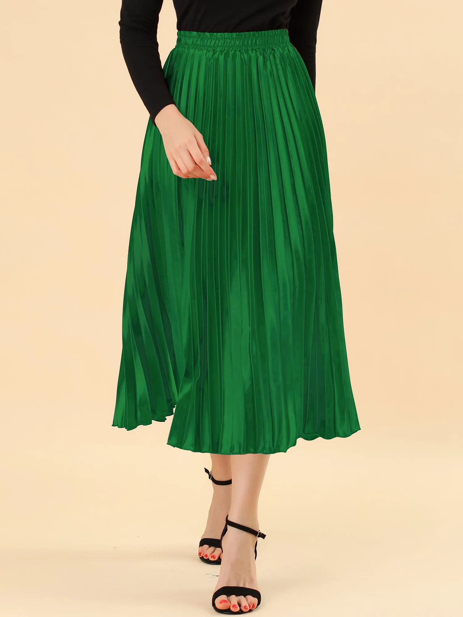 Elastic Waist Metallic Shiny Accordion Pleated Midi Skirt
