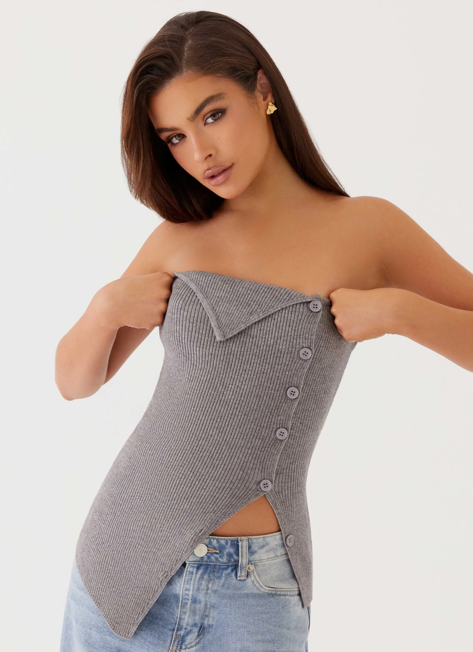 Evarie Strapless Knit Top - Charcoal