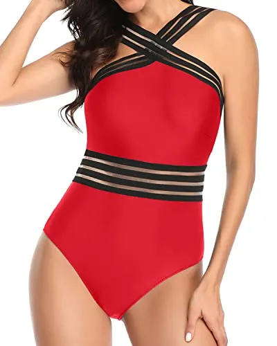 Front Crossover Strap Crisscross One Piece Swimsuit-Red