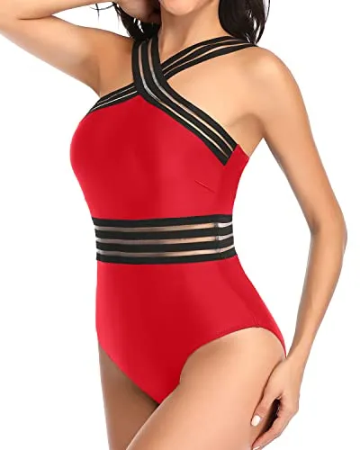 Front Crossover Strap Crisscross One Piece Swimsuit-Red