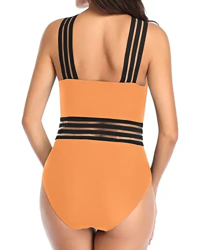 Front Crossover Swimwear One Piece Tummy Control Bathing Suit-Light Orange