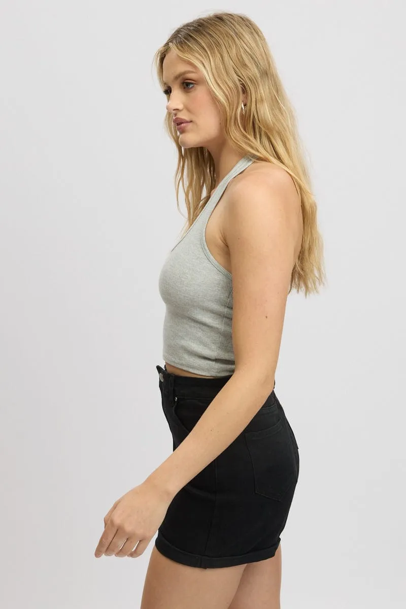 Grey Halter Top Sleeveless Rib