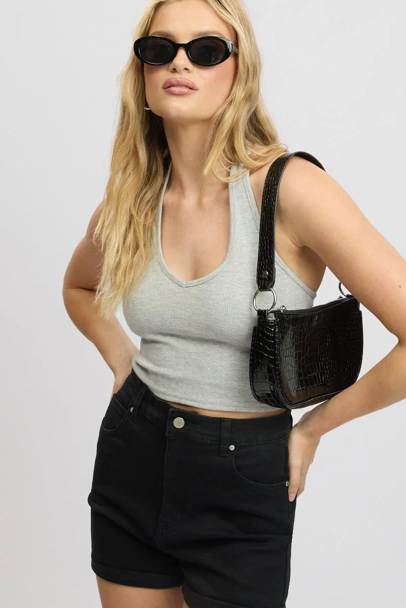 Grey Halter Top Sleeveless Rib