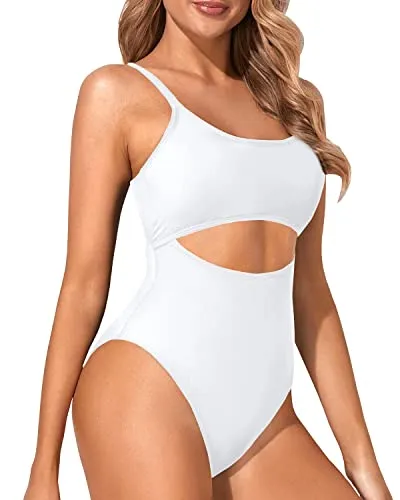 High Cut Scoop Neck Cutout One Piece Swimsuit For Women-White
