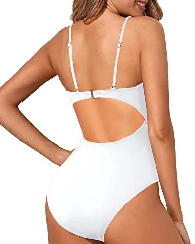 High Cut Scoop Neck Cutout One Piece Swimsuit For Women-White