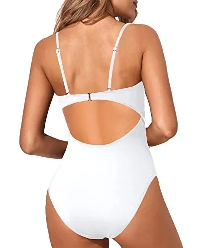 High Cut Scoop Neck Cutout One Piece Swimsuit For Women-White