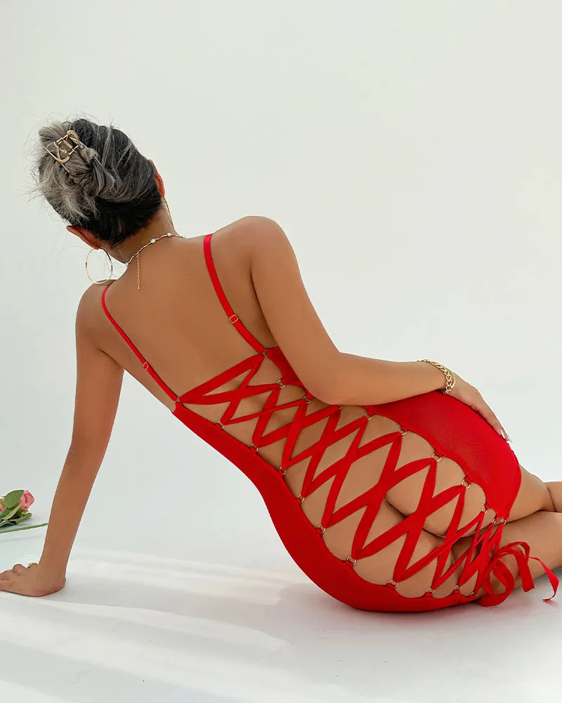 Hot Sheer Backless Strappy Lace Up Dress