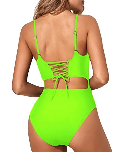 Lace Up Strappy High Cut Sexy Cutout One Piece Swimsuits-Neon Green