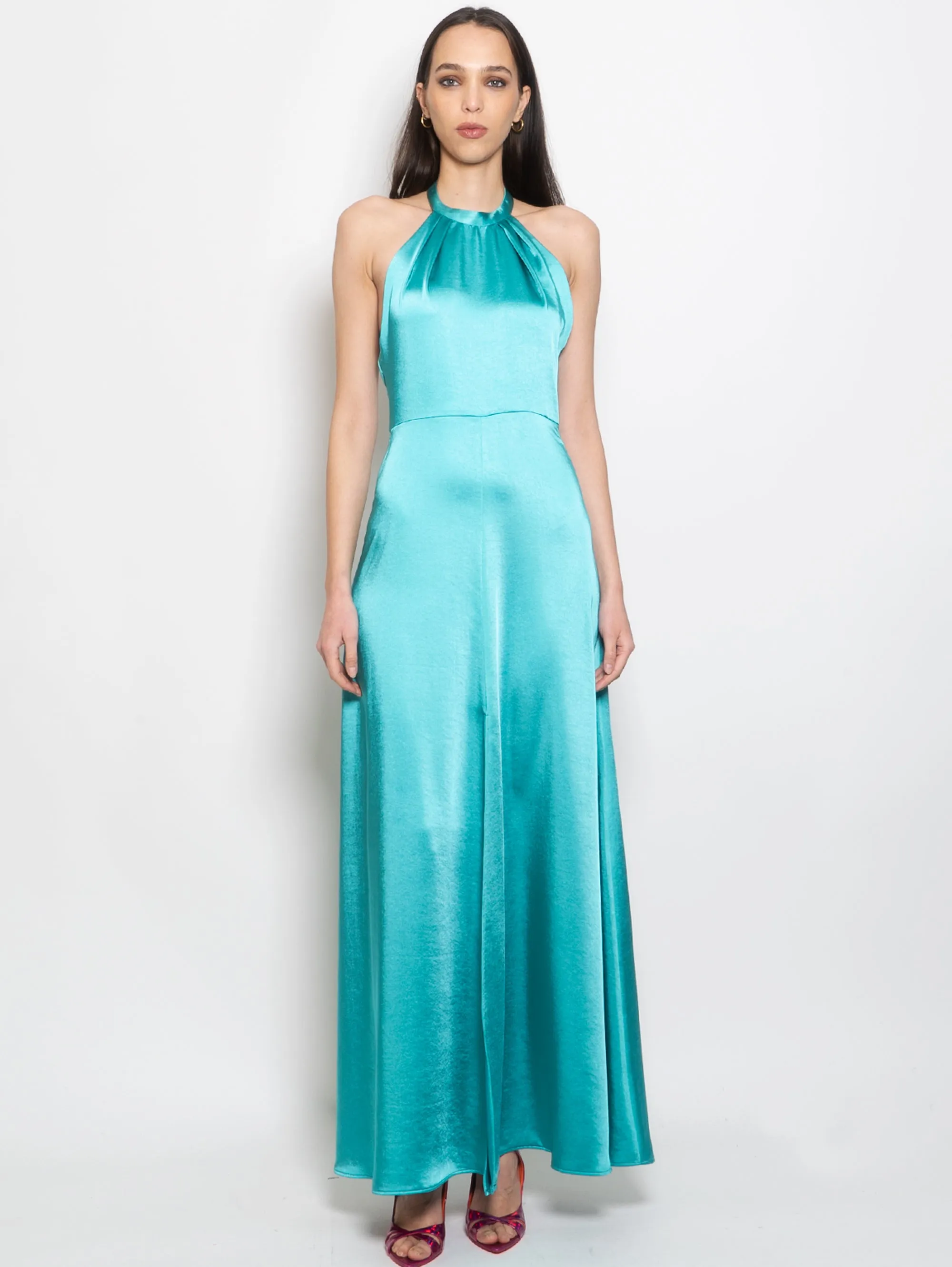 Long American Dress in Green Satin