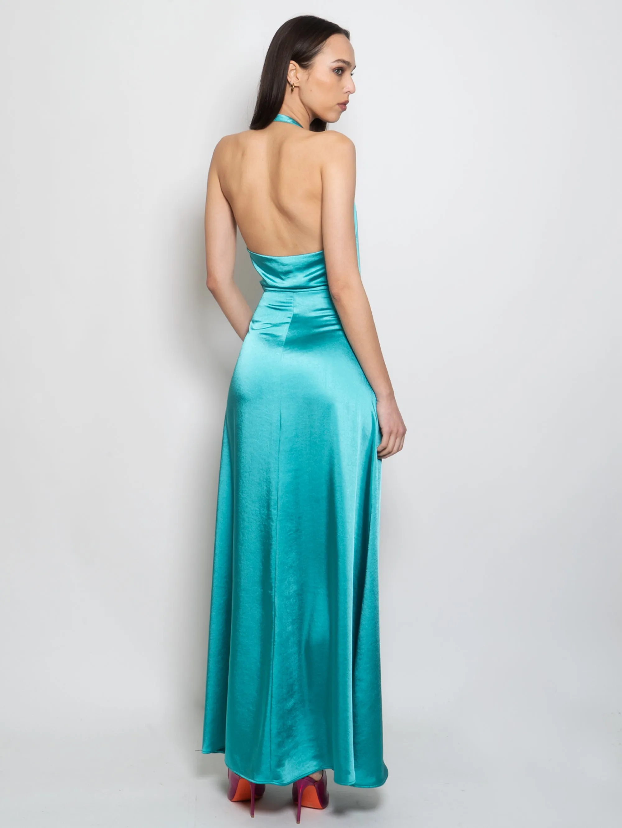 Long American Dress in Green Satin
