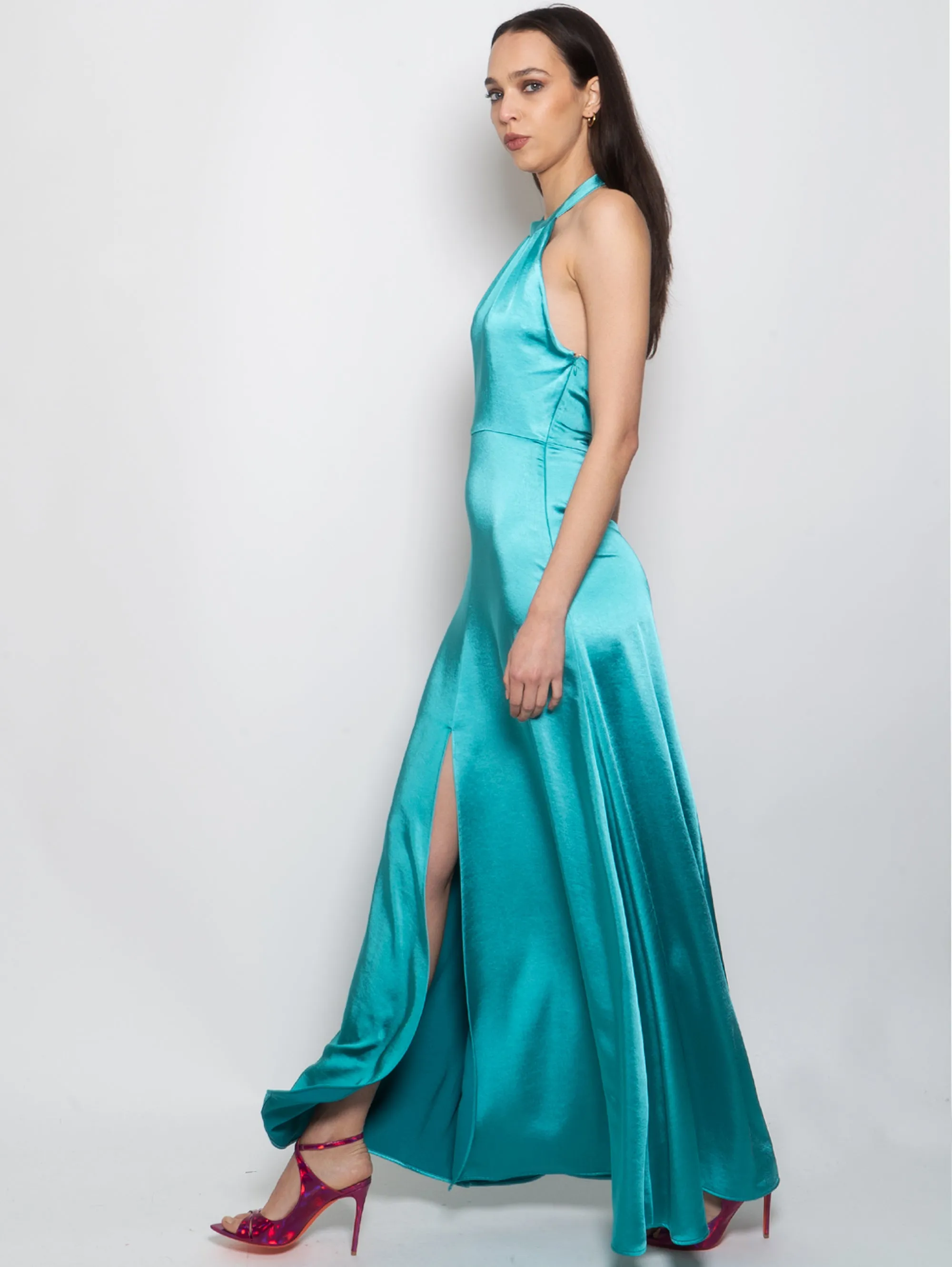 Long American Dress in Green Satin