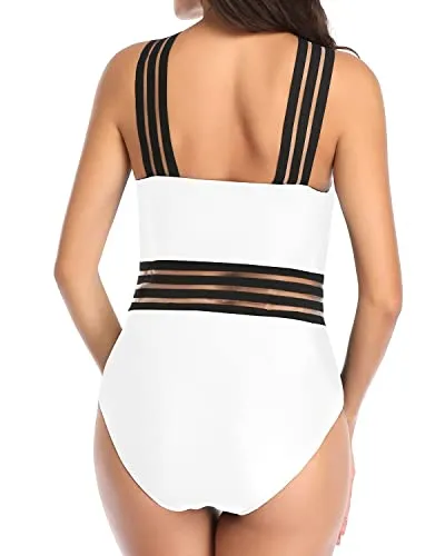 Mesh Panel Design One Piece Tummy Control Bathing Suit-White