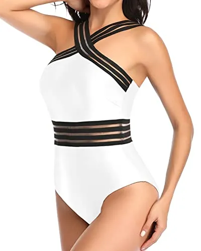 Mesh Panel Design One Piece Tummy Control Bathing Suit-White