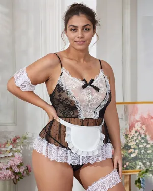Plus Size Sheer Lace Patchwork Maid Set