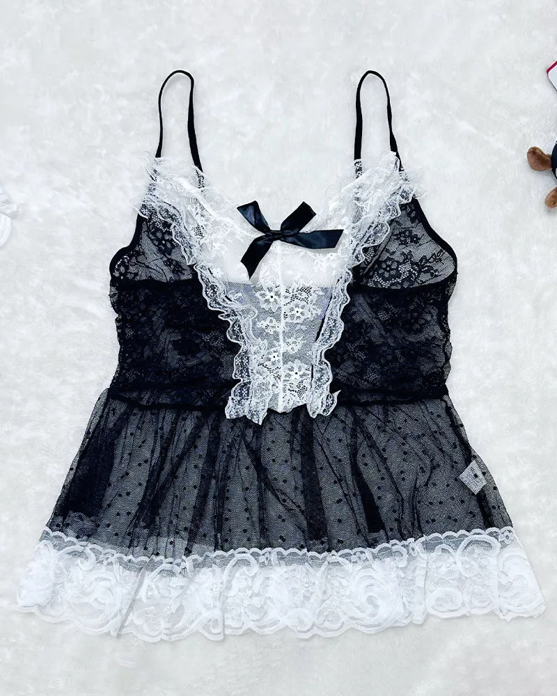 Plus Size Sheer Lace Patchwork Maid Set