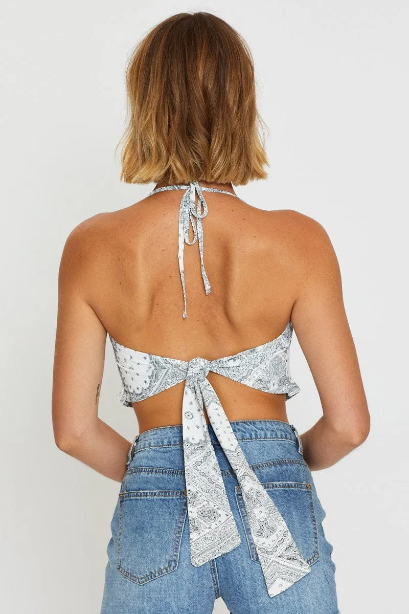 Print Scarf Top Crop Cowl Neck
