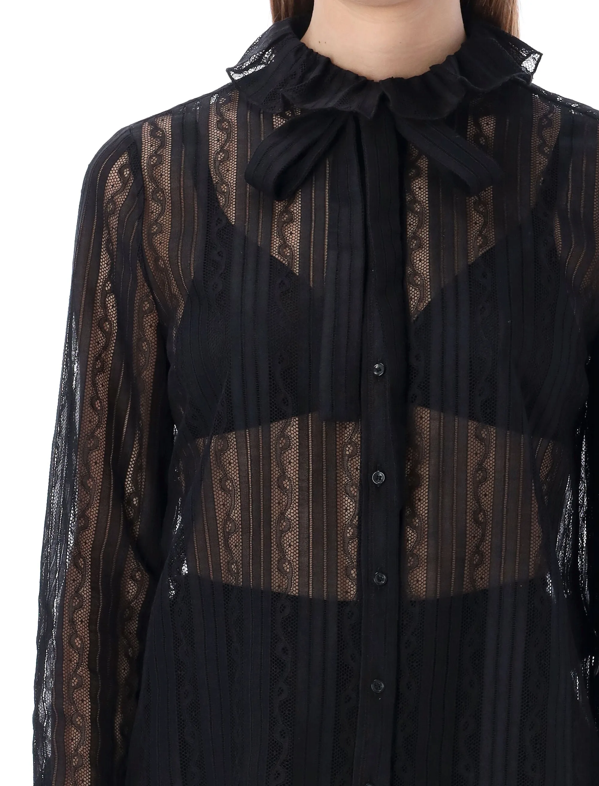 Saint Laurent Sheer Lace Bow Detailed Blouse
