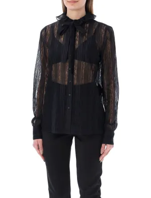 Saint Laurent Sheer Lace Bow Detailed Blouse