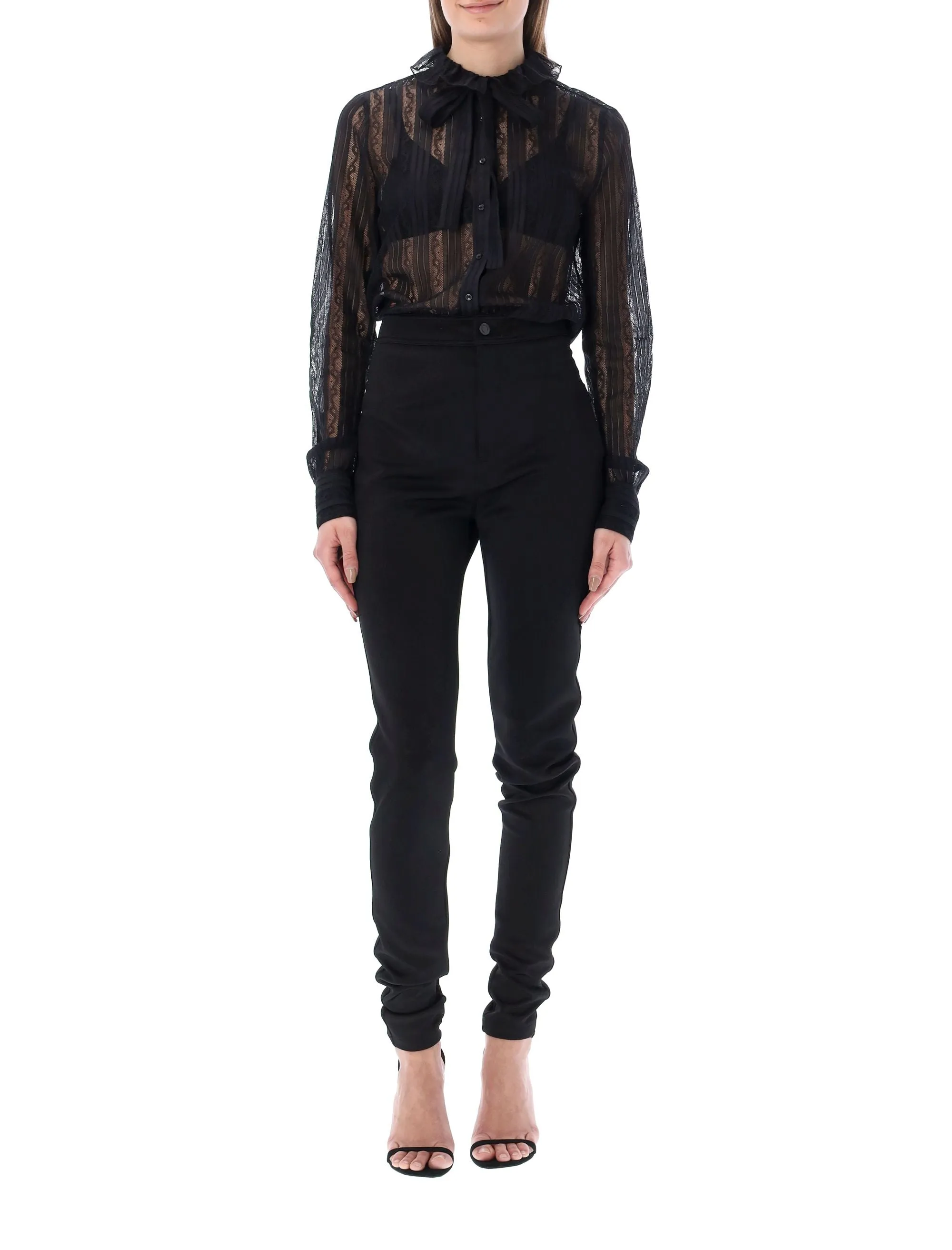 Saint Laurent Sheer Lace Bow Detailed Blouse