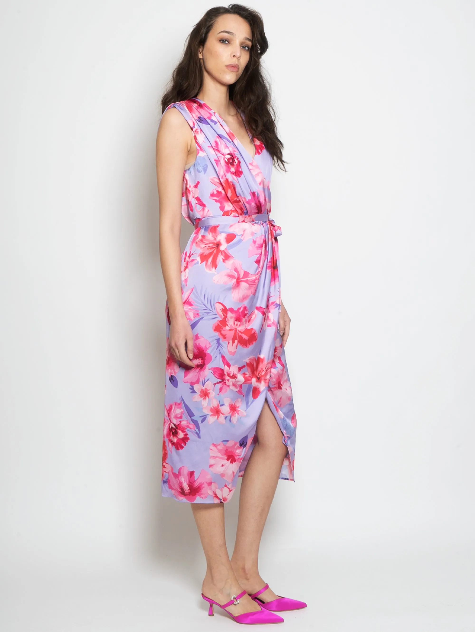 Satin Dress with Multicolor Tropical Flower Print
