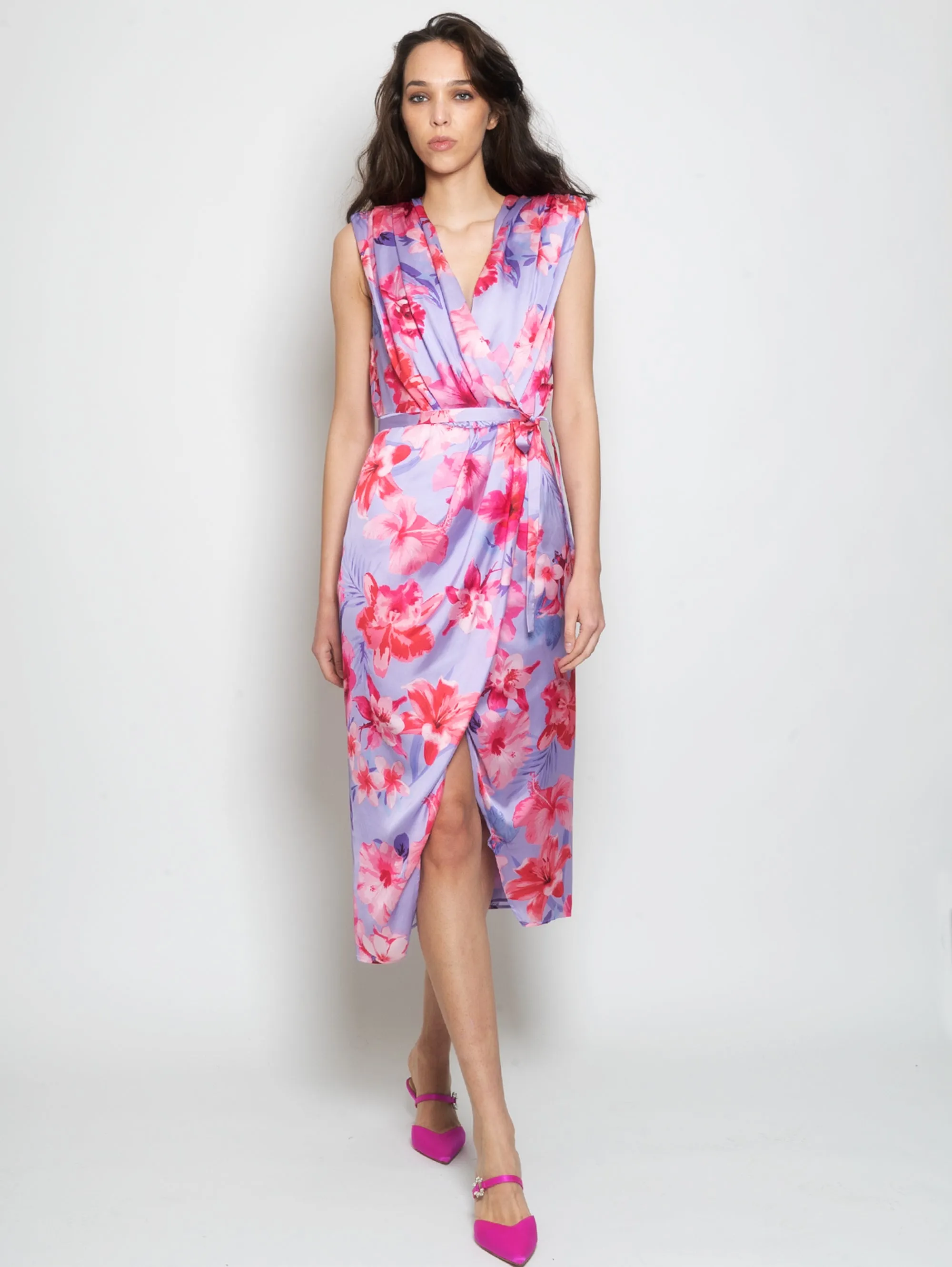 Satin Dress with Multicolor Tropical Flower Print