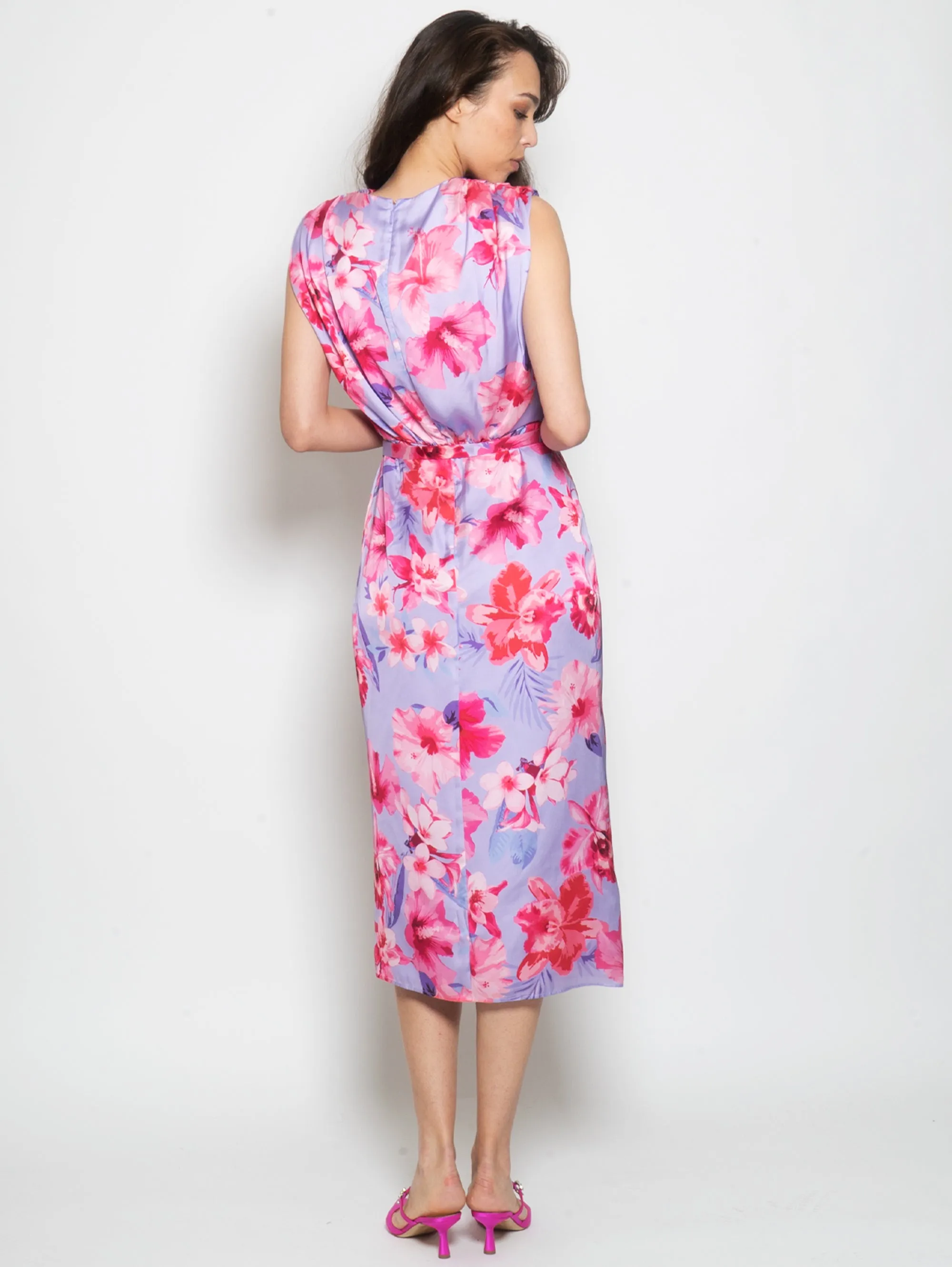 Satin Dress with Multicolor Tropical Flower Print