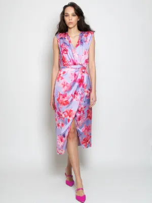 Satin Dress with Multicolor Tropical Flower Print