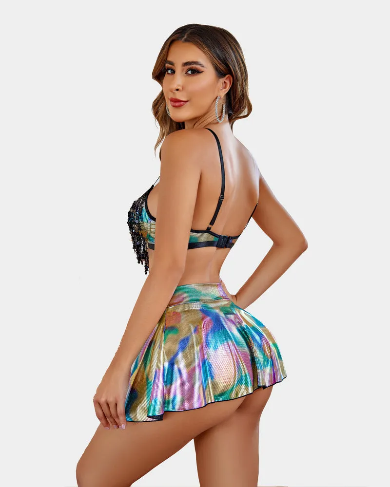 Sequin Fringe Metallic Skirt Set (DE Only)