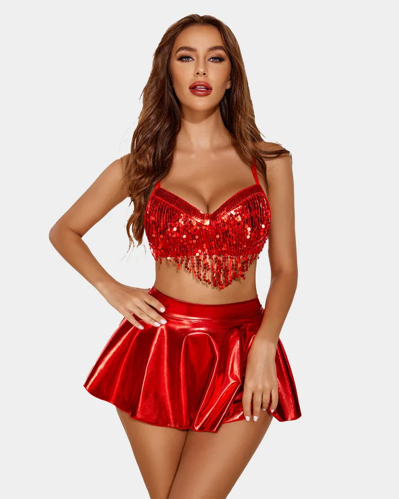 Sequin Fringe Metallic Skirt Set (DE Only)