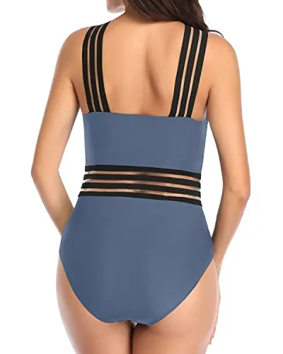 Sexy Crisscross Mesh Straps One Piece Tummy Control Bathing Suit-Grey