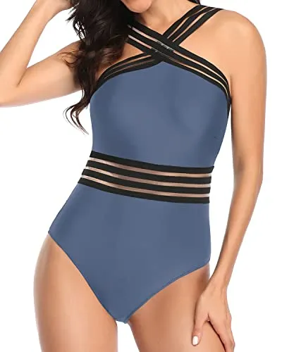 Sexy Crisscross Mesh Straps One Piece Tummy Control Bathing Suit-Grey