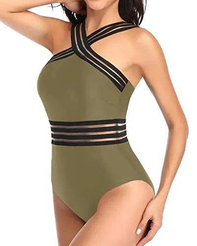 Sexy Shoulder Curve One Piece Tummy Control Bathing Suit-Olive Green