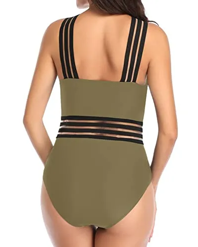 Sexy Shoulder Curve One Piece Tummy Control Bathing Suit-Olive Green