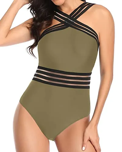 Sexy Shoulder Curve One Piece Tummy Control Bathing Suit-Olive Green