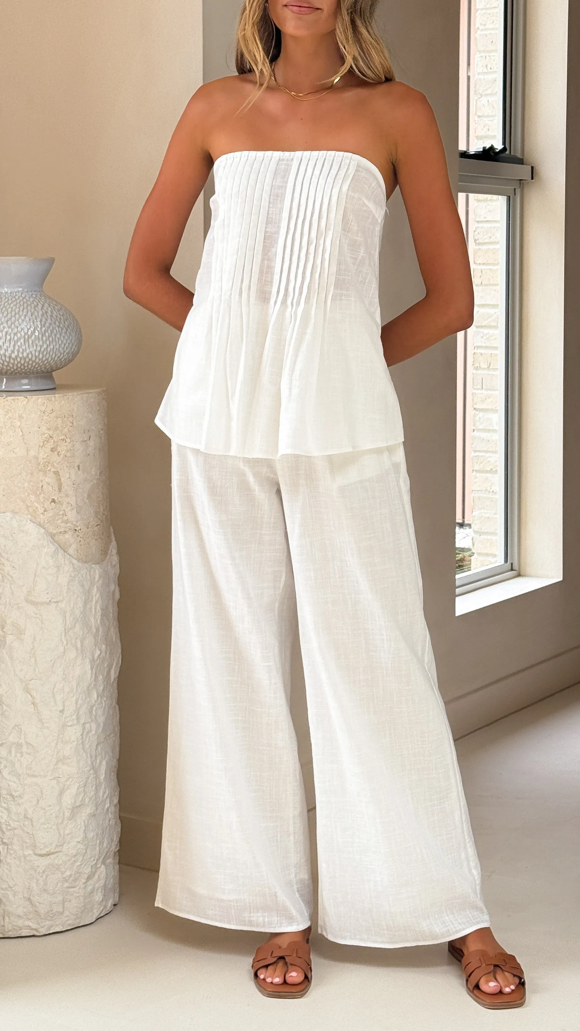 Sharni Strapless Pleat Top and Pants Set - White