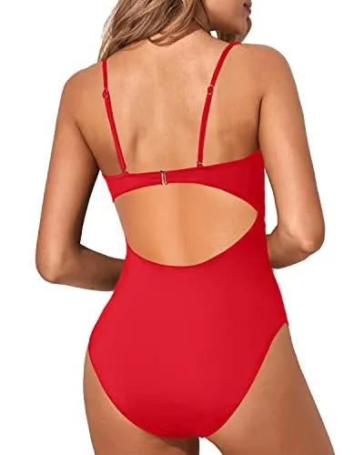 Strappy Cutout Lace Up One Piece Bathing Suit For Women-Red