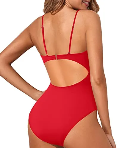 Strappy Cutout Lace Up One Piece Bathing Suit For Women-Red
