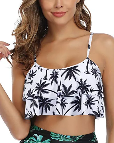Strappy Flounce Swim Top Swimsuit Tank Top For Women-Black Palm Tree