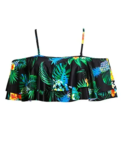 Stylish Removable Flounce Swimsuit Top For Women-Black Pineapple