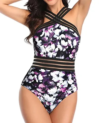 Supportive Push Up Bras Sexy One Piece Swimsuits-Purple Flowers