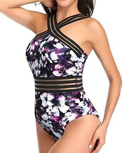Supportive Push Up Bras Sexy One Piece Swimsuits-Purple Flowers