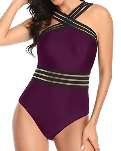 Tummy Control Mesh Panel Crisscross One Piece Swimsuit-Maroon