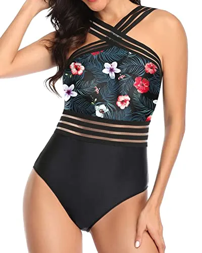 Tummy Control Mesh Panel One Piece Front Crossover Swimwear-Black Floral