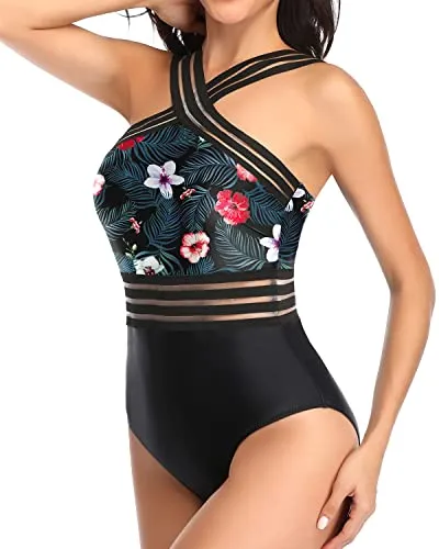Tummy Control Mesh Panel One Piece Front Crossover Swimwear-Black Floral