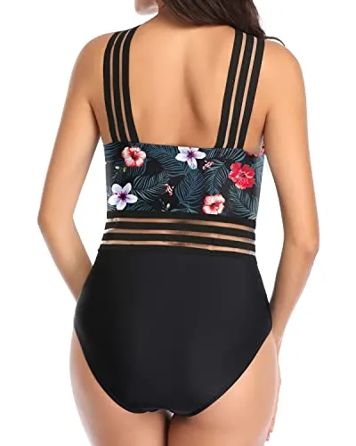 Tummy Control Mesh Panel One Piece Front Crossover Swimwear-Black Floral