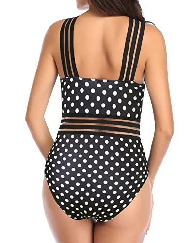 Tummy Control Mesh Panel Sexy One Piece Swimsuits-Black Dot