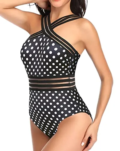 Tummy Control Mesh Panel Sexy One Piece Swimsuits-Black Dot